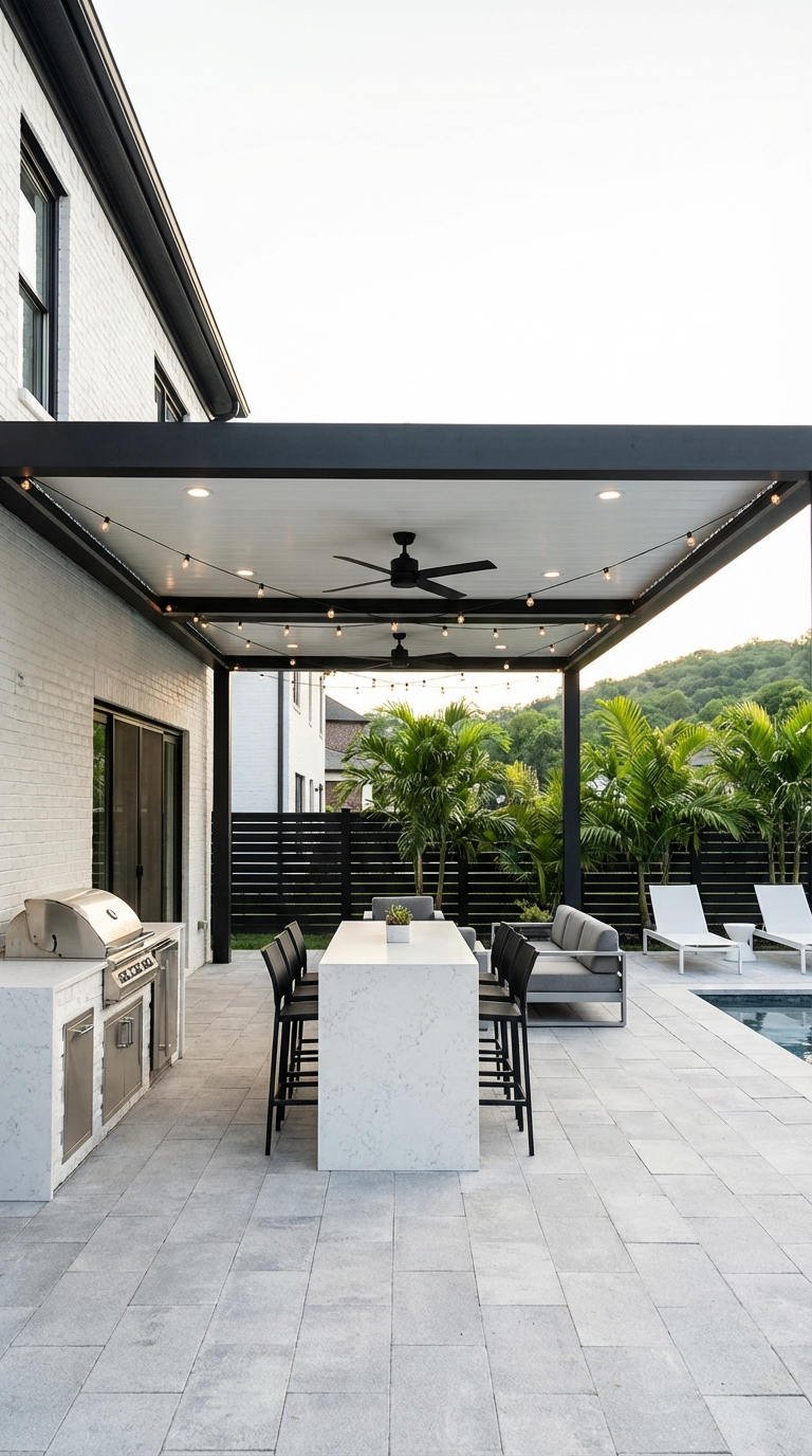 pergola noire table marbre piscine