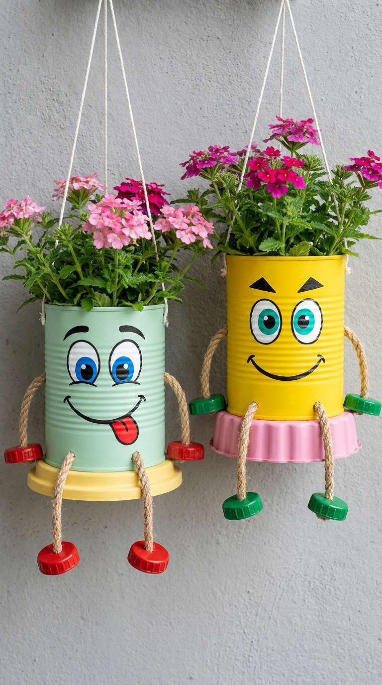 pots suspendus visages fleurs