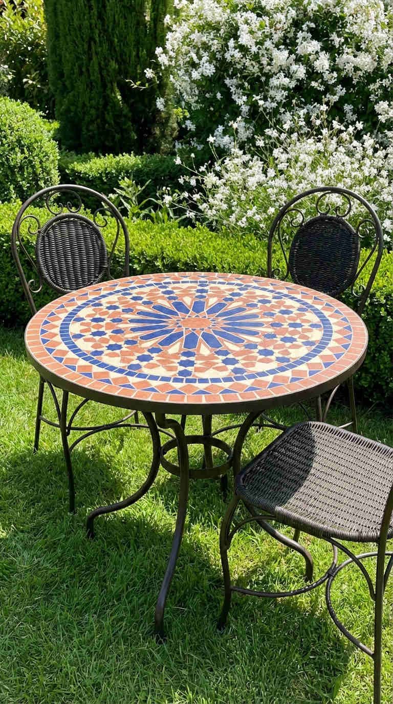 table mosaique bleu terracotta chaises jardin