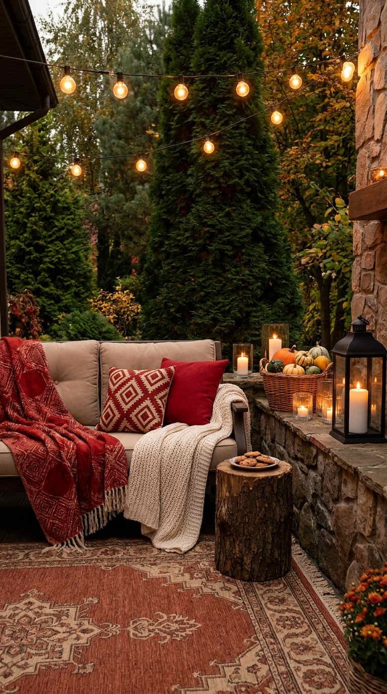 terrasse automne coussins rouges lanternes