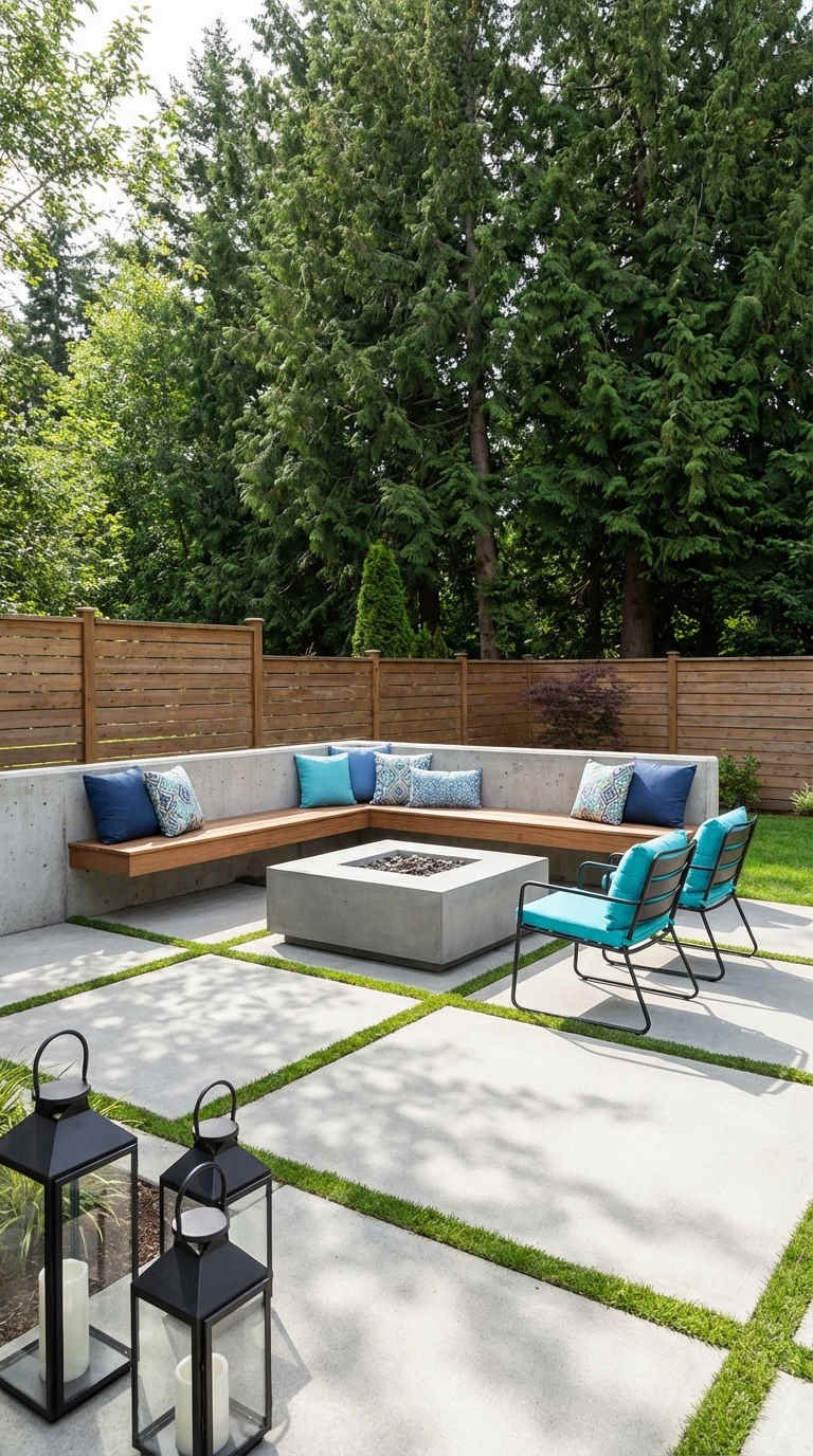 terrasse banc flottant bois brasero