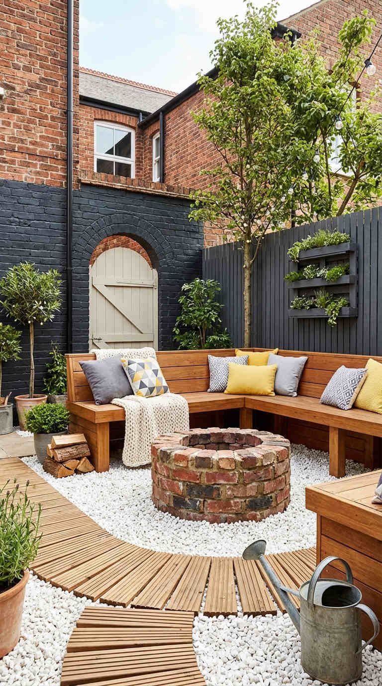 terrasse palette bois foyer briques galets