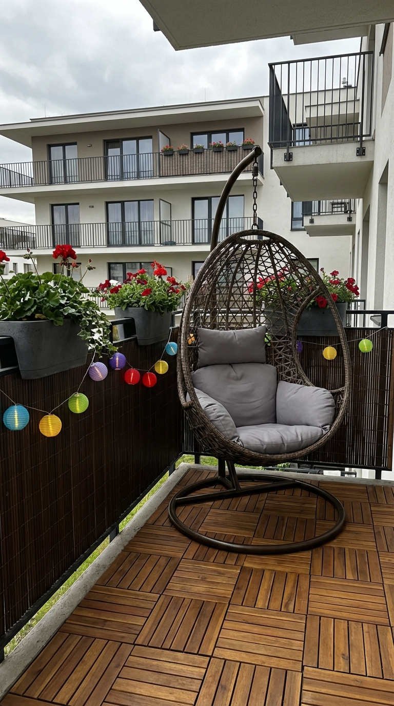 balcon fauteuil suspendu geraniums lampions colores