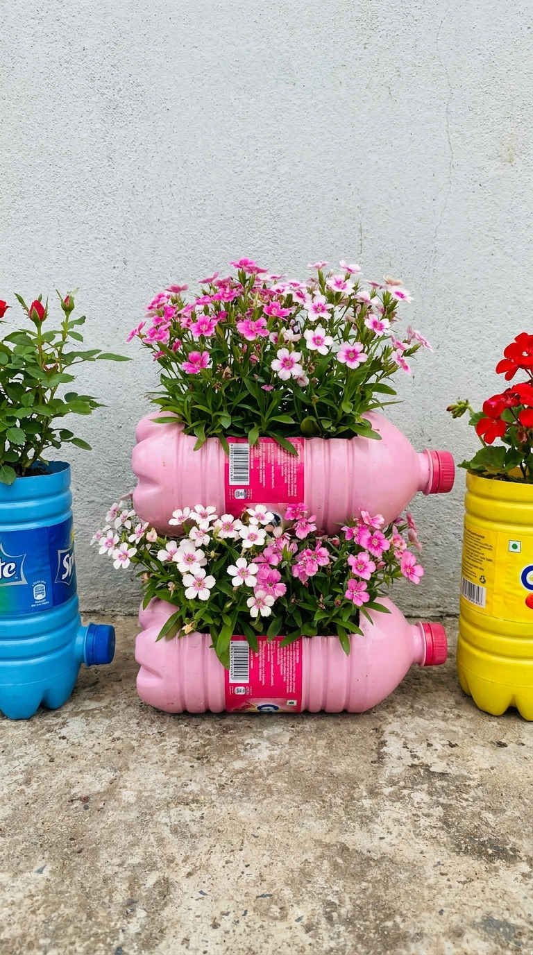 bouteilles jardinieres rose recup