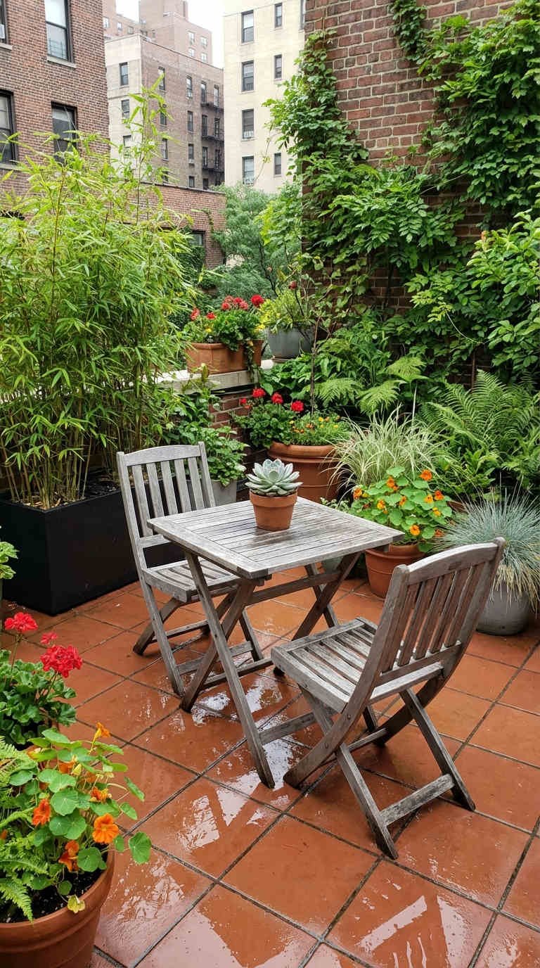 patio terracotta bambou geraniums capucines