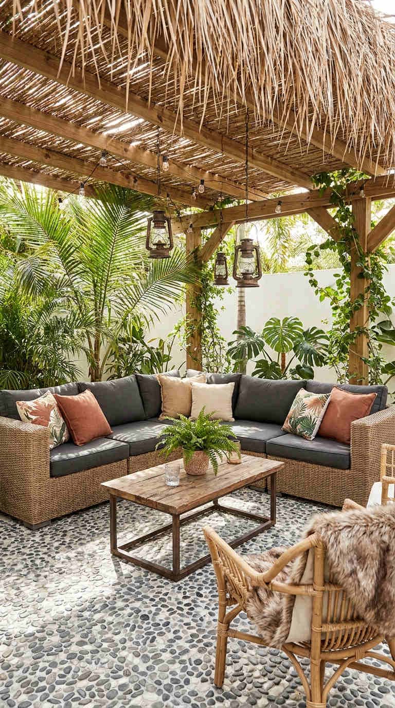 patio tropical toit chaume galets
