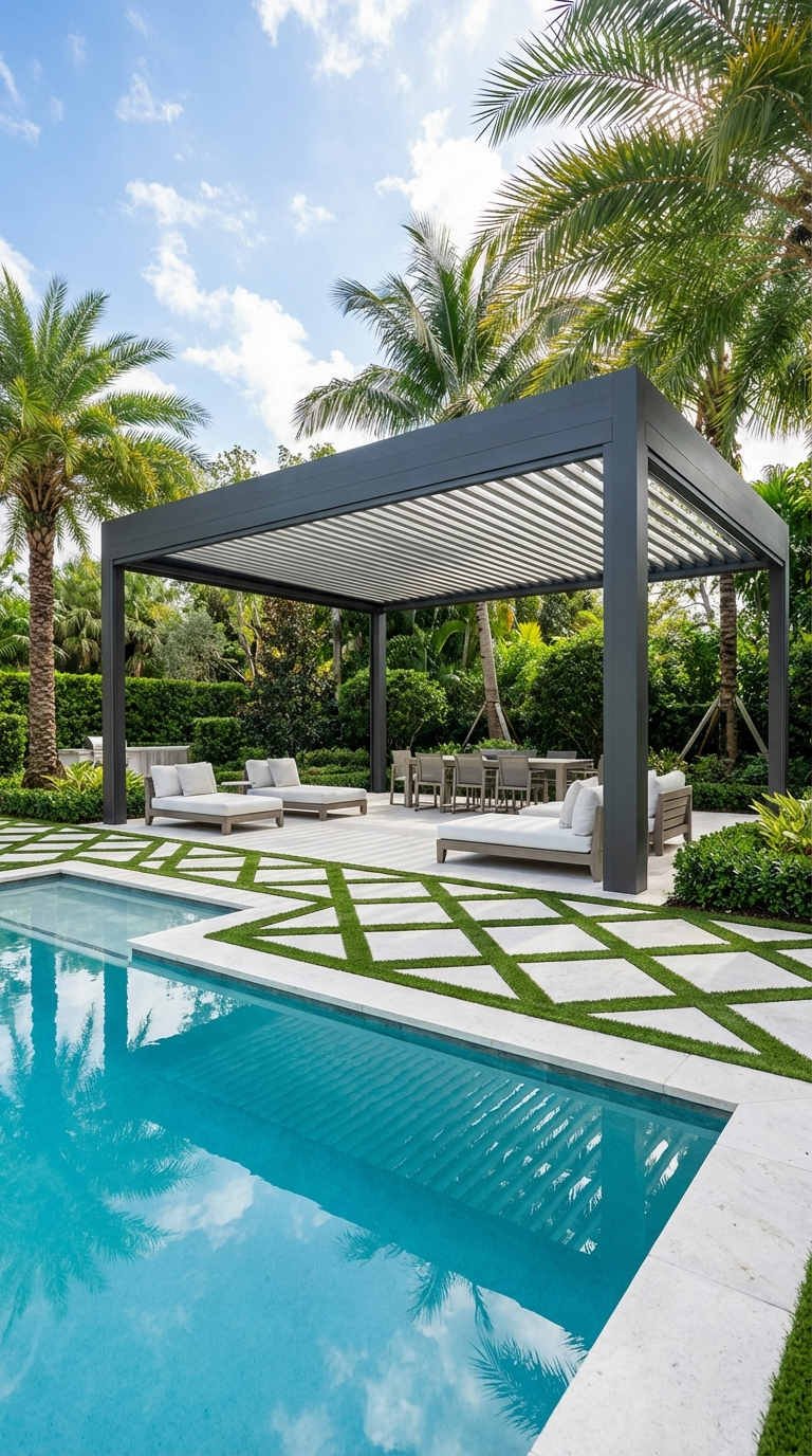 pergola bioclimatique piscine dalles gazon