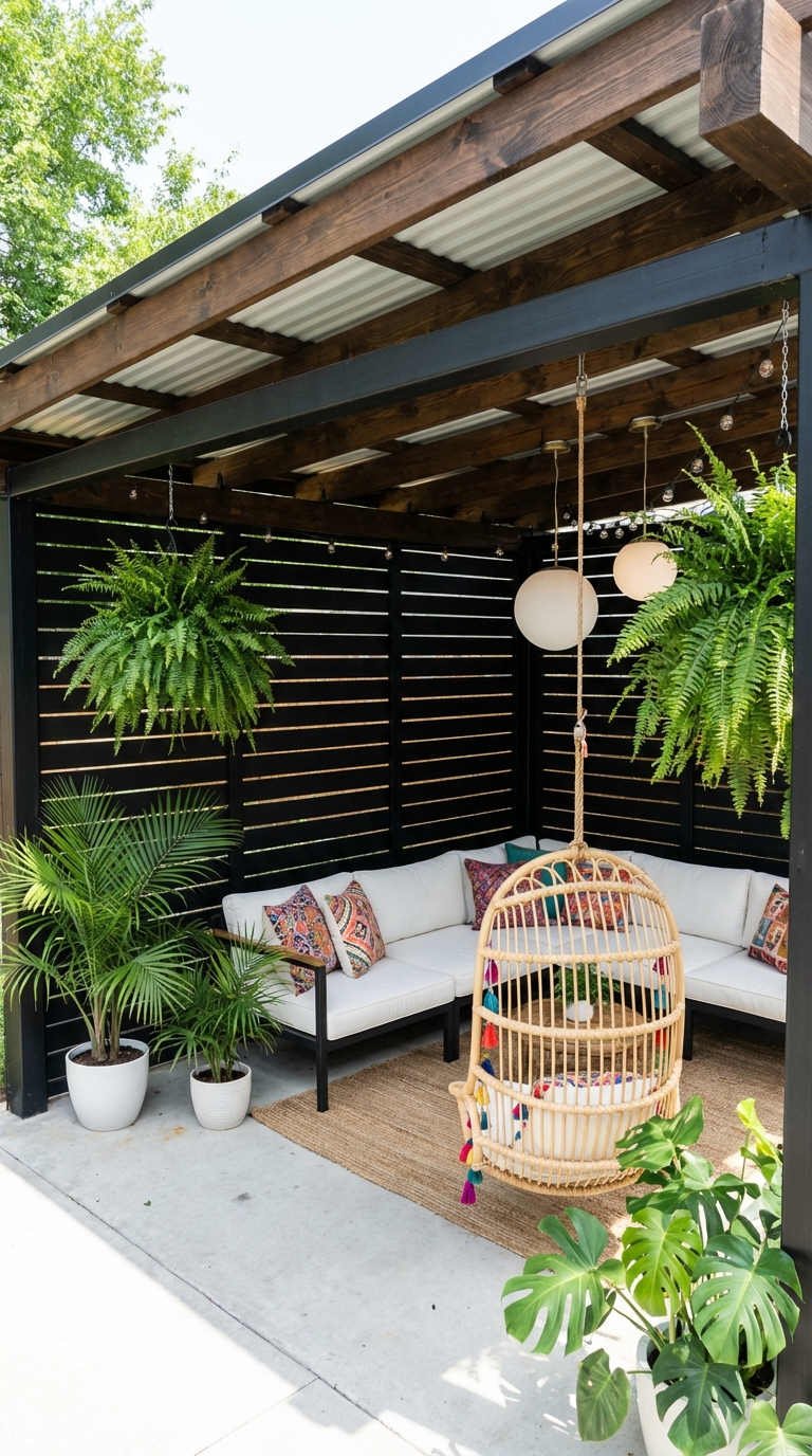 pergola boheme fauteuil suspendu plantes
