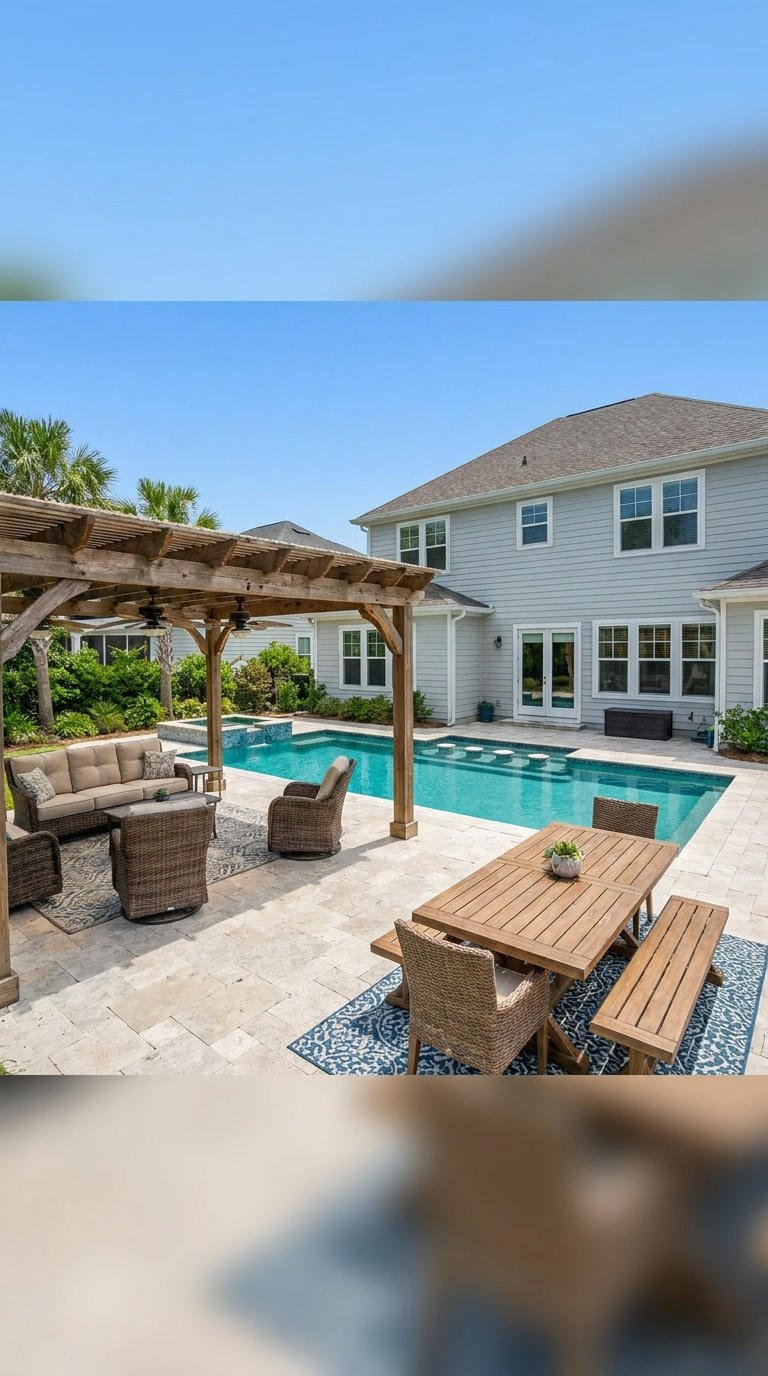 pergola bois patio piscine familiale