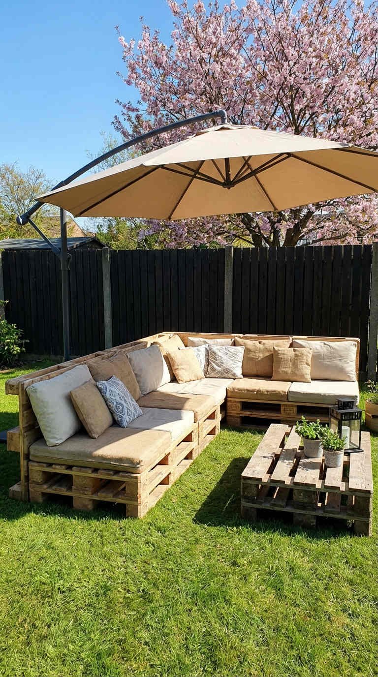 salon palette beige parasol jardin