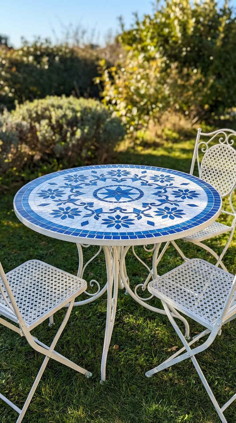 table mosaique blanche bleue chaises pliantes