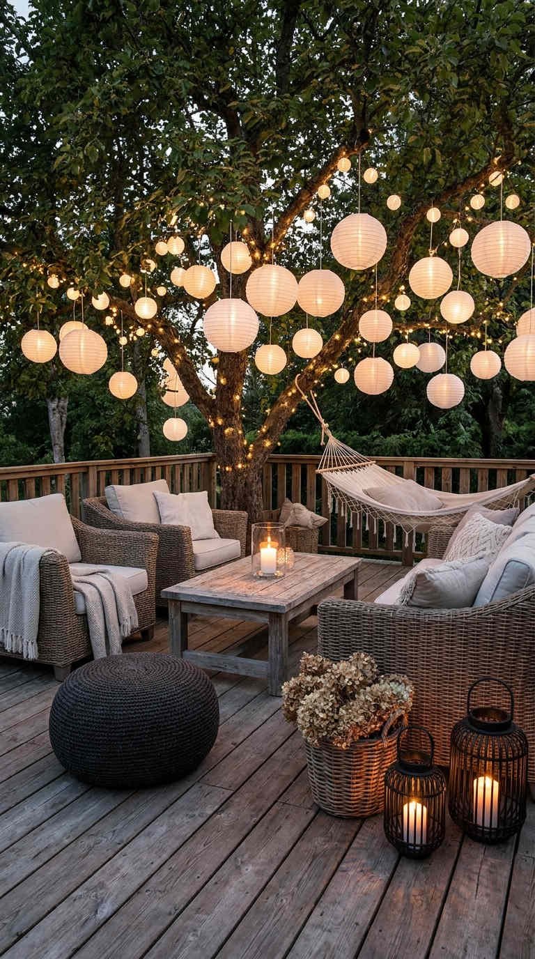 terrasse bois lanternes arbre hamac