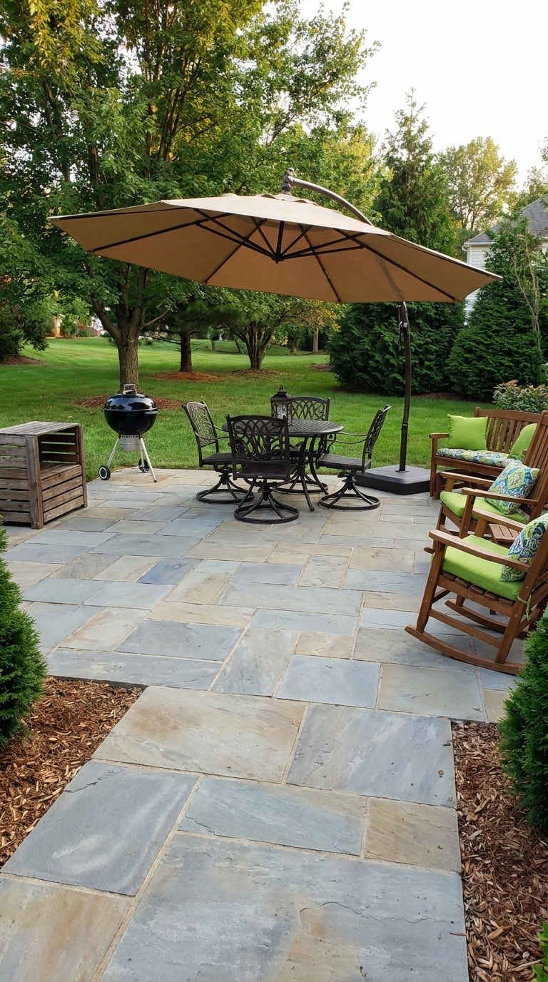 terrasse dallage pierre parasol repas