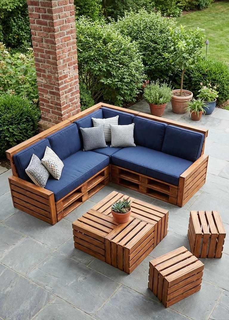 terrasse palette teck coussins bleu marine