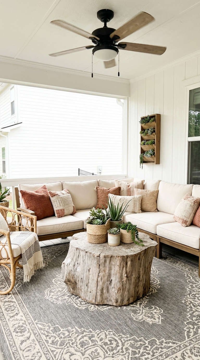 veranda canape beige table souche