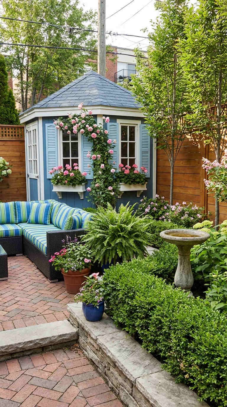 abri jardin bleu roses canape rayures