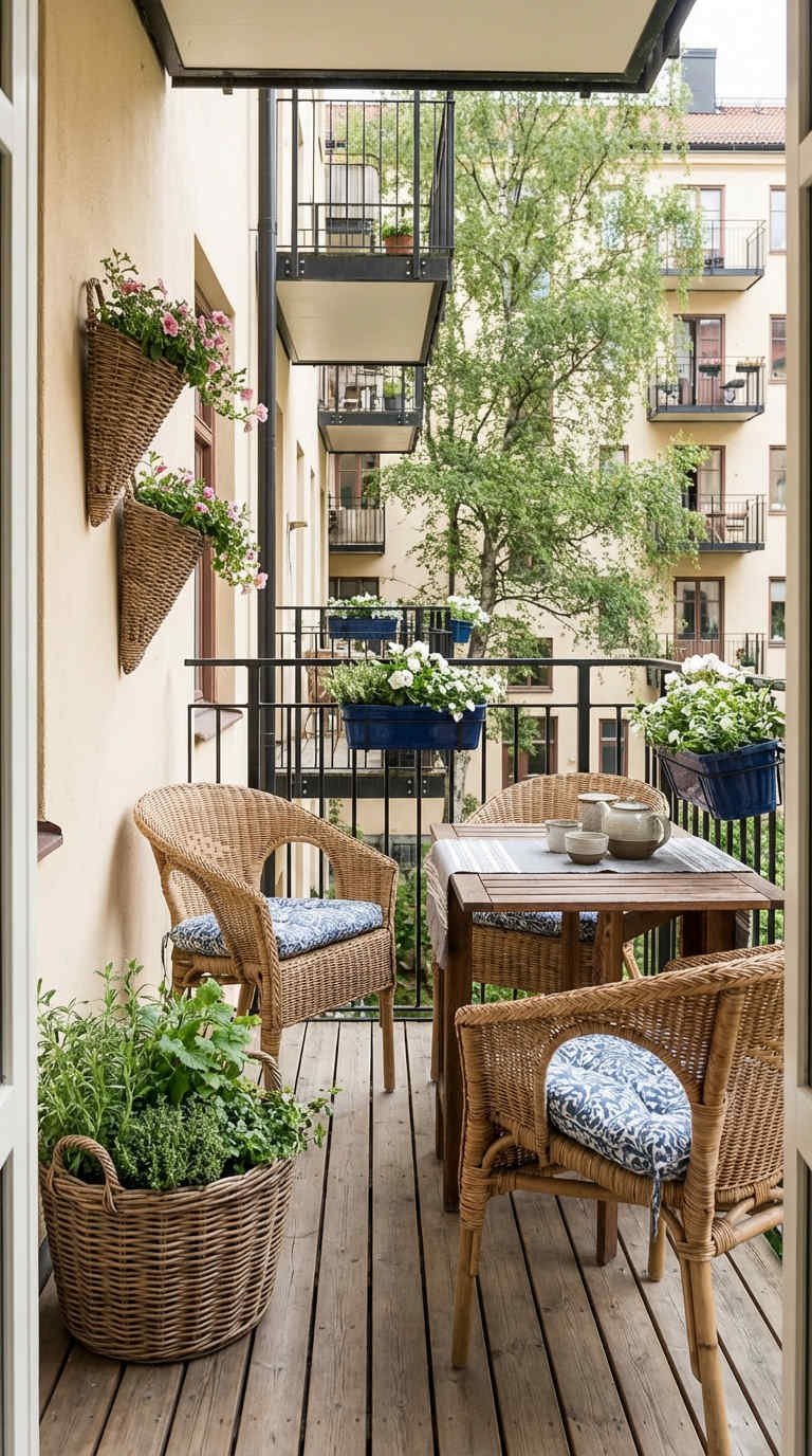 balcon osier table bois herbes fleurs