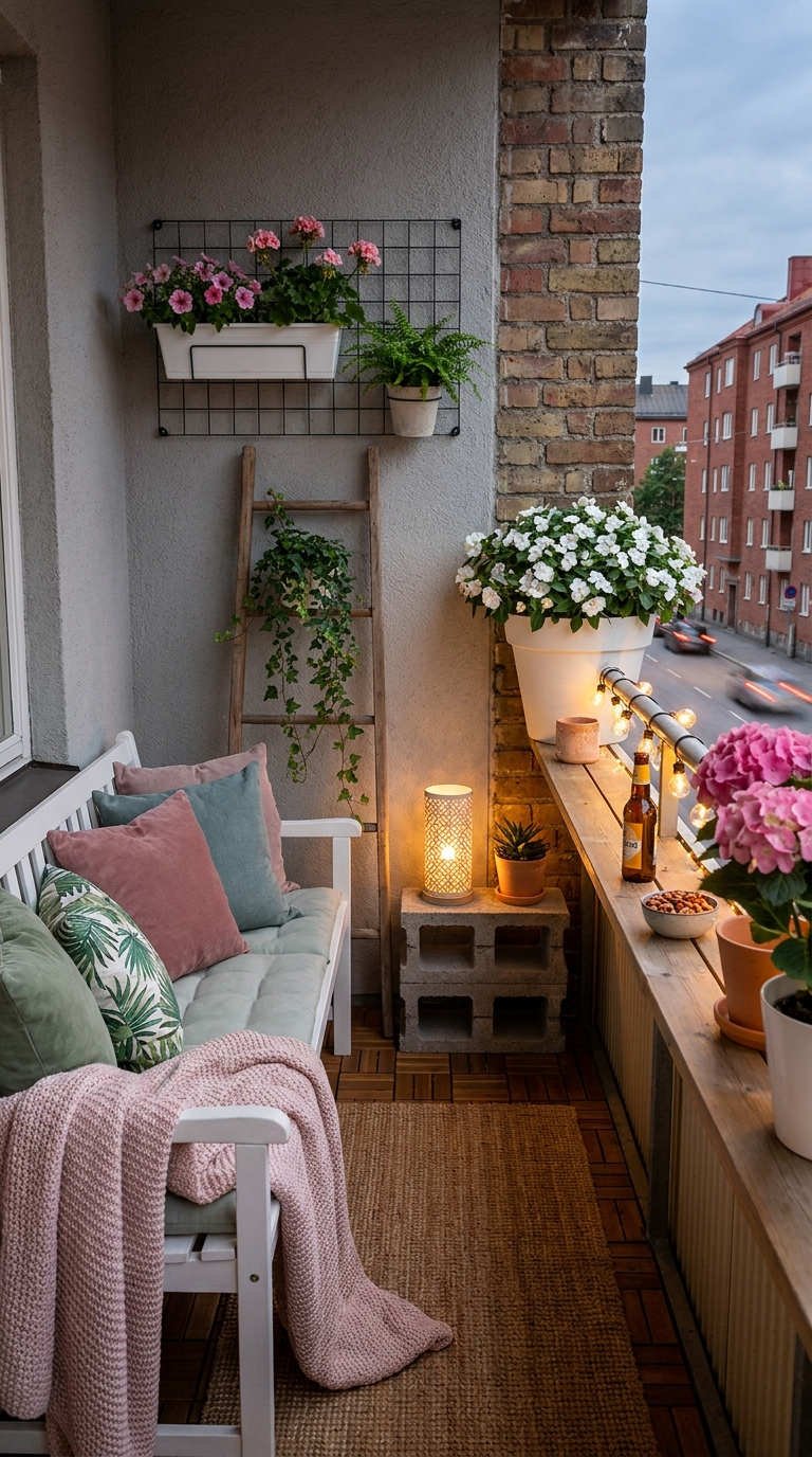 balcon pastel banc blanc fleurs