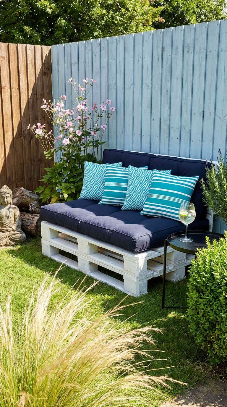 canape palette blanc bleu fleurs