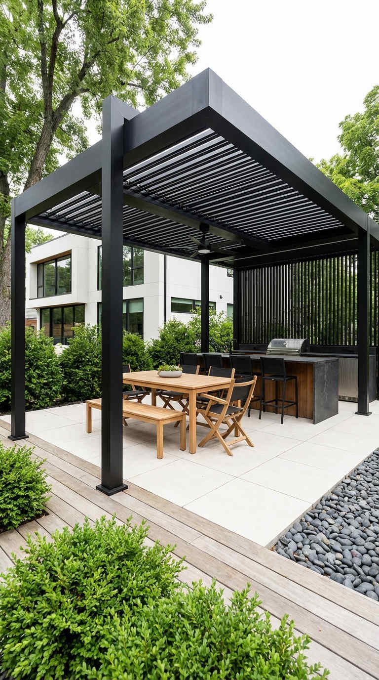 pergola noire mate cuisine exterieure