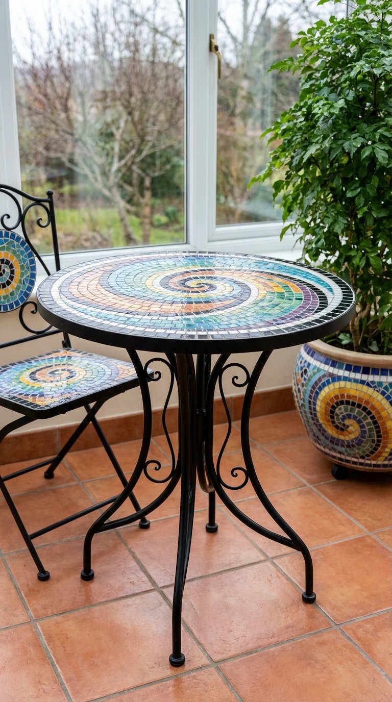table mosaique spirale multicolore veranda terrecuite