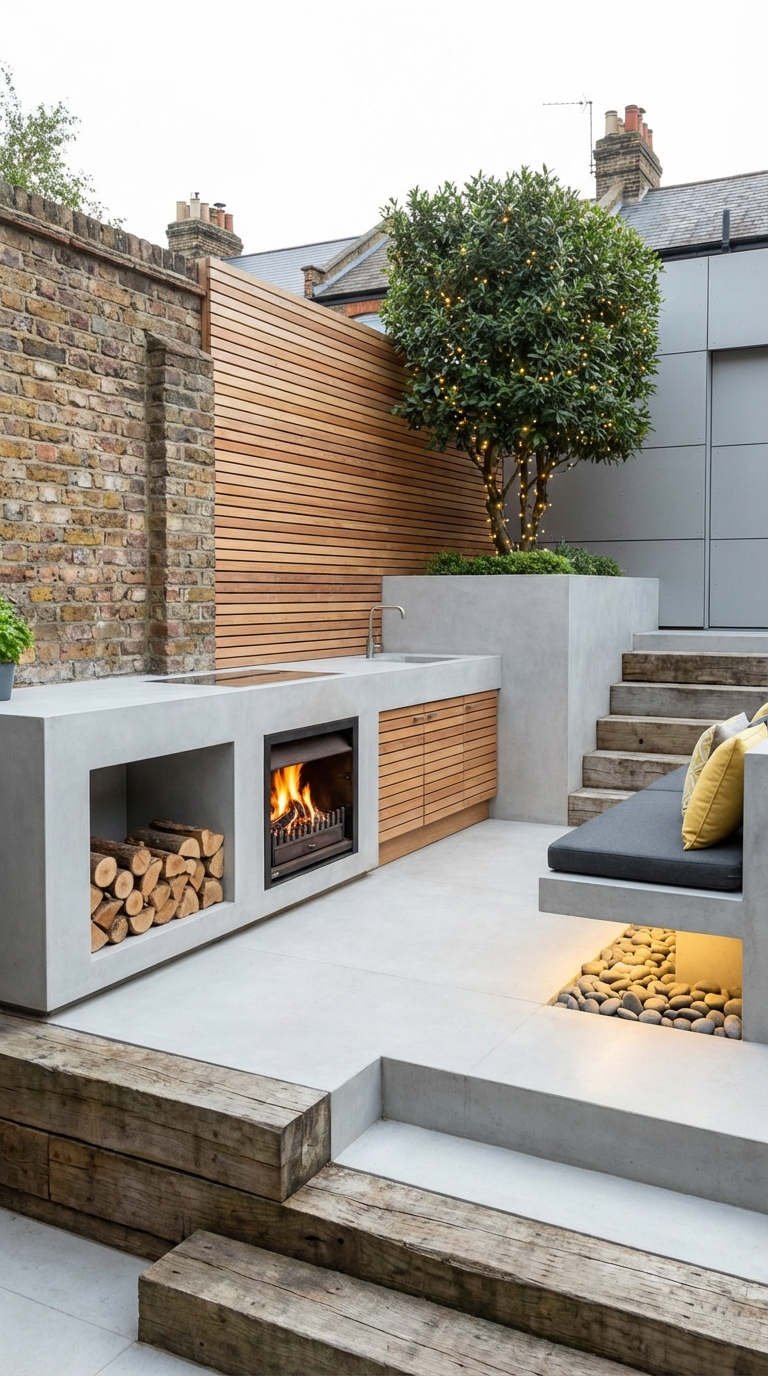 terrasse cheminee beton niche bois