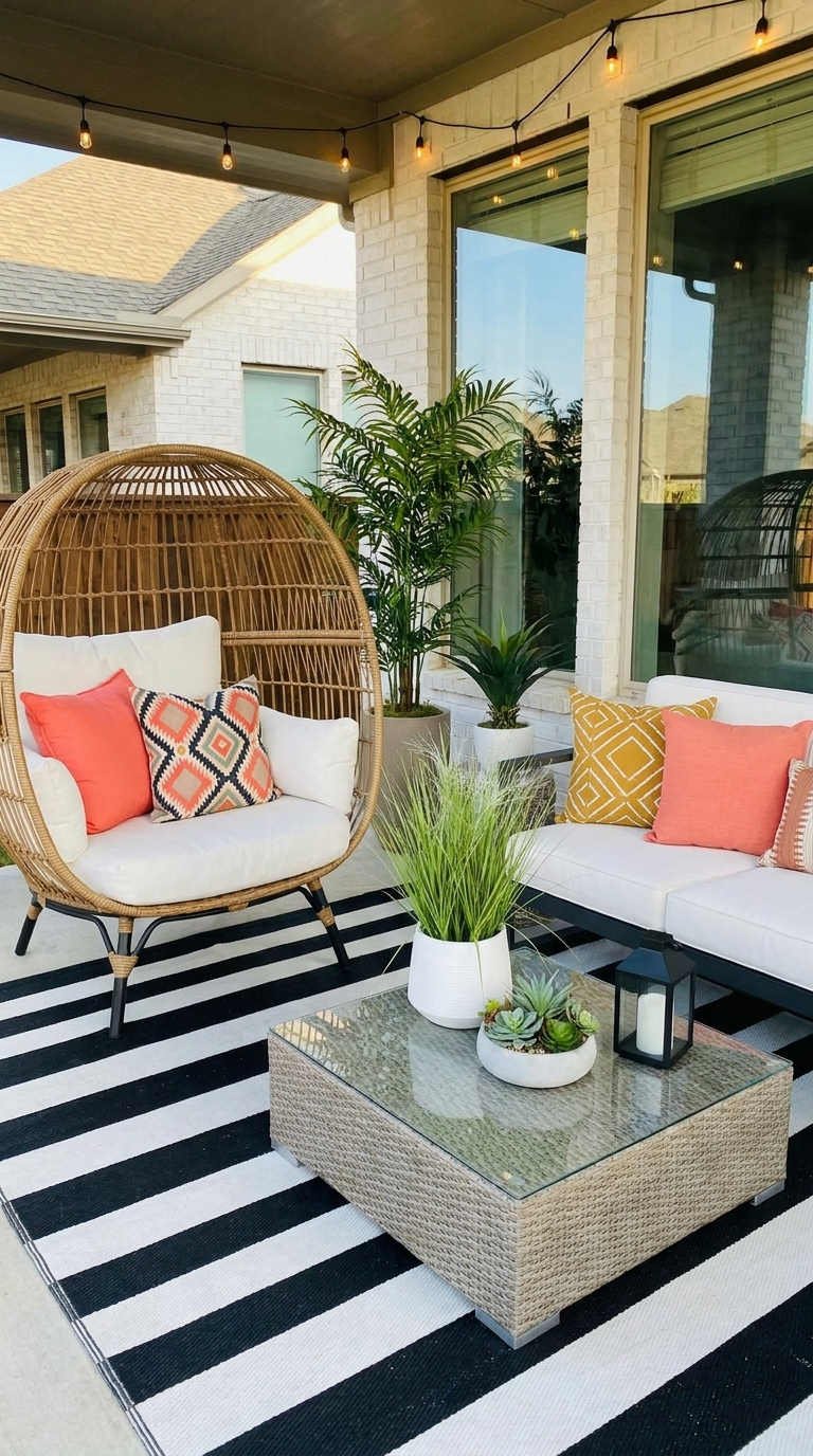 terrasse rayures noir blanc corail