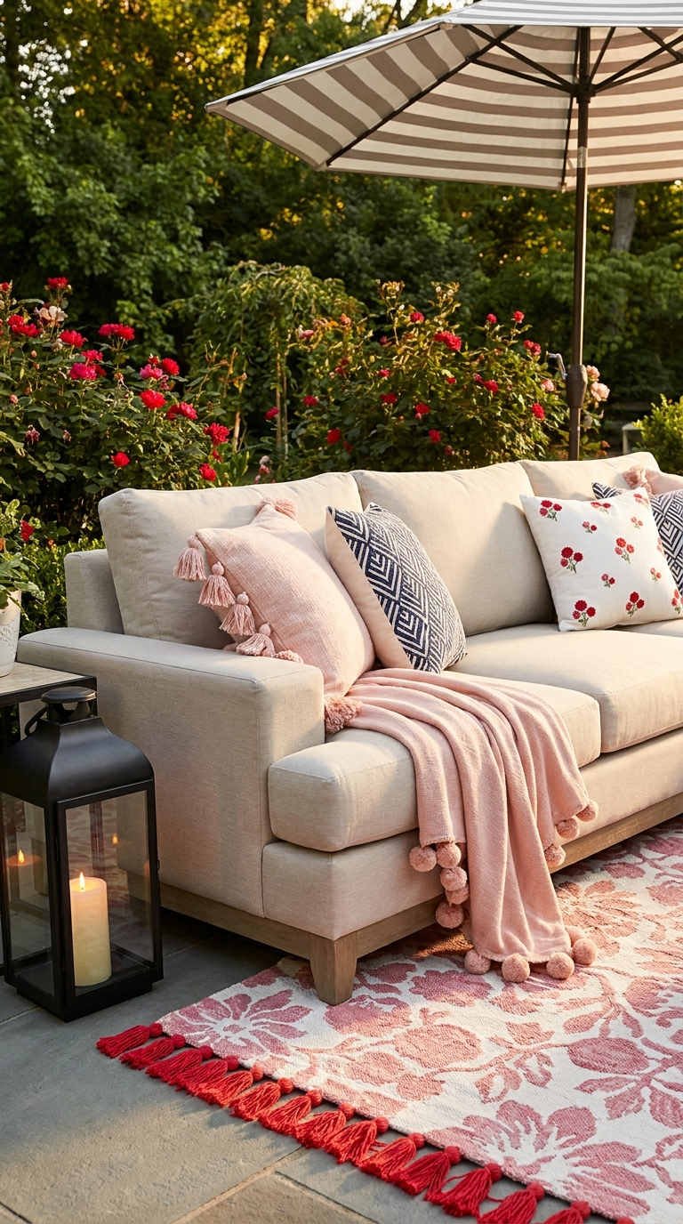 terrasse rose jardin canape fleuri