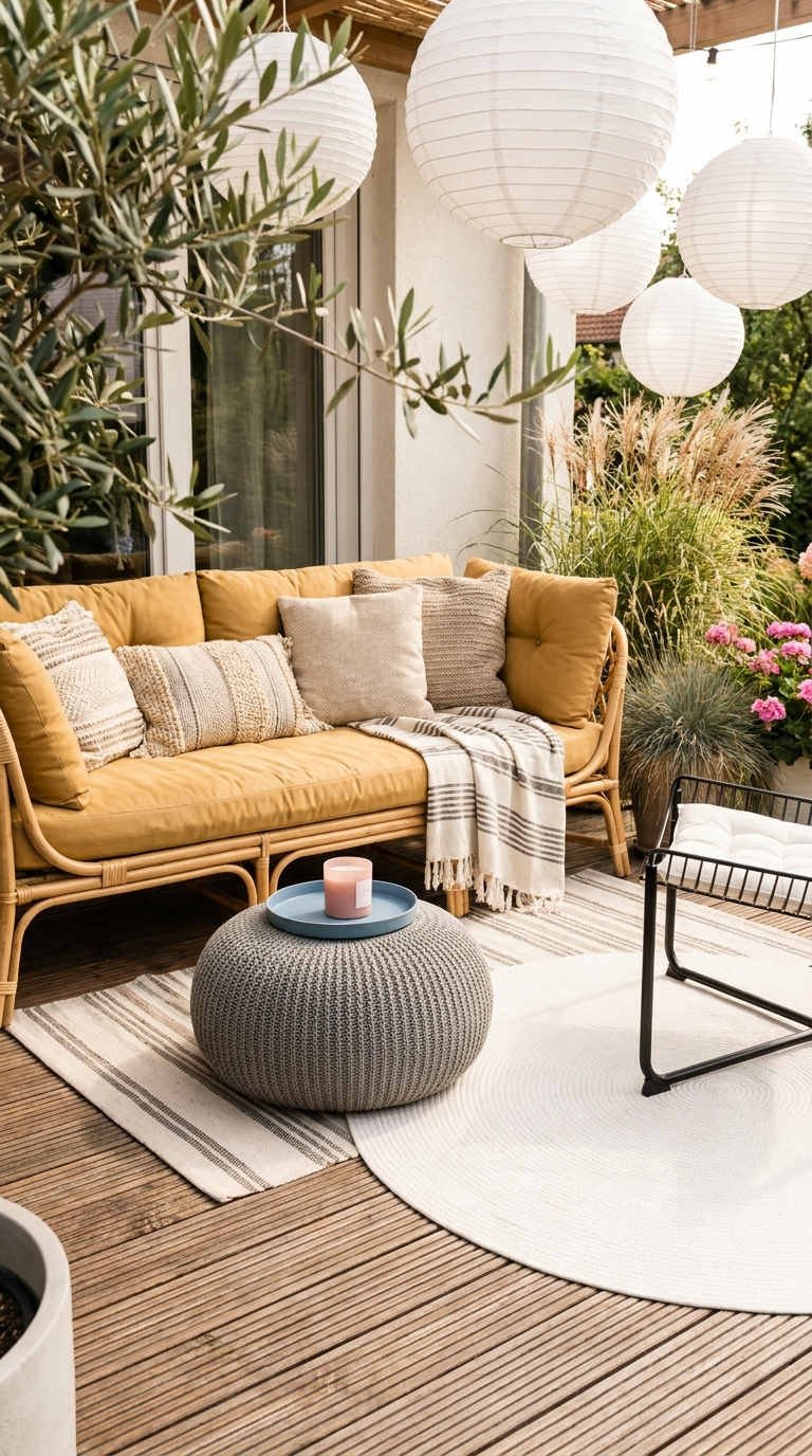 terrasse rotin moutarde lanternes blanches