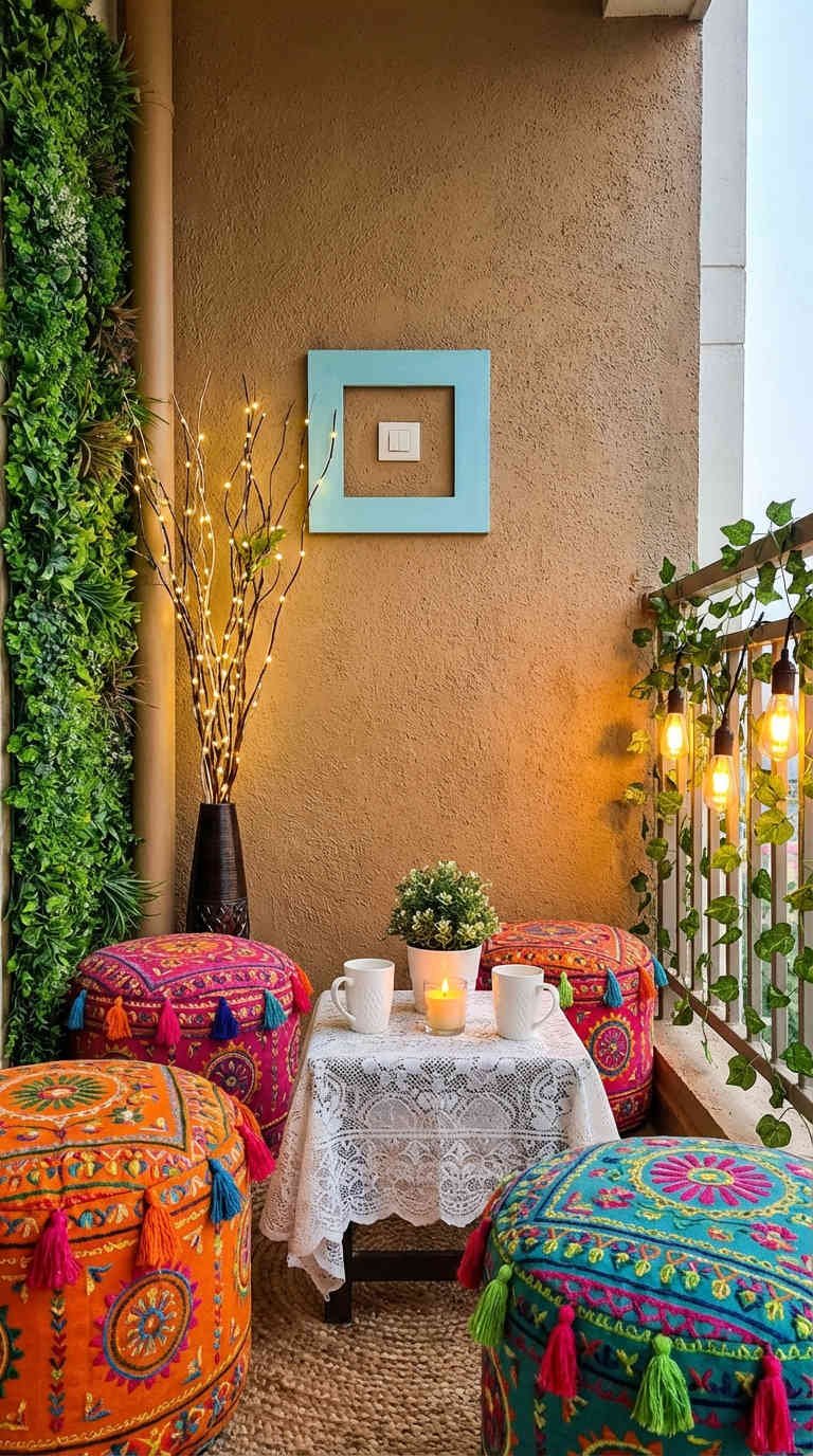 balcon poufs brodes dentelle guirlandes jute