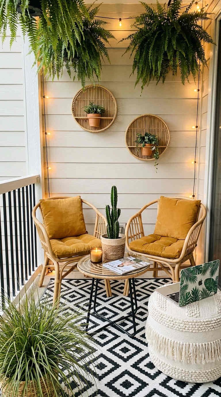 balcon rotin tapis graphique fougeres