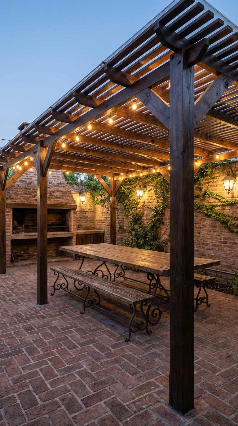 pergola rustique table bois briques