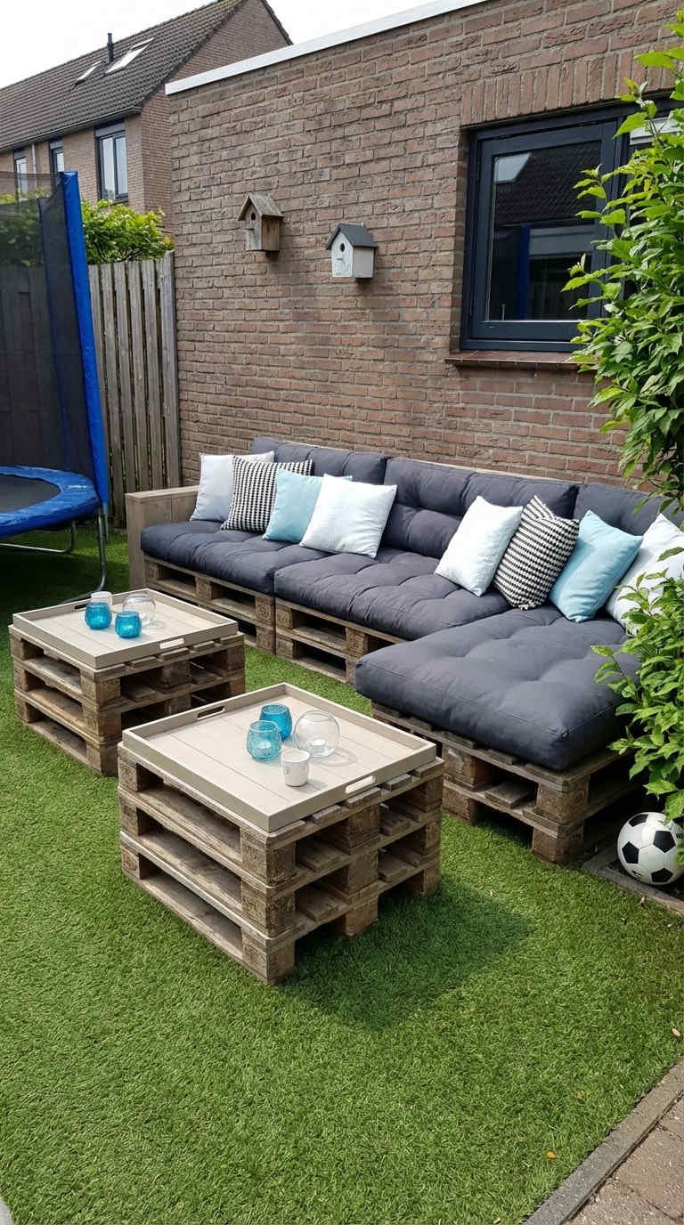 salon palette gris lanternes gazon