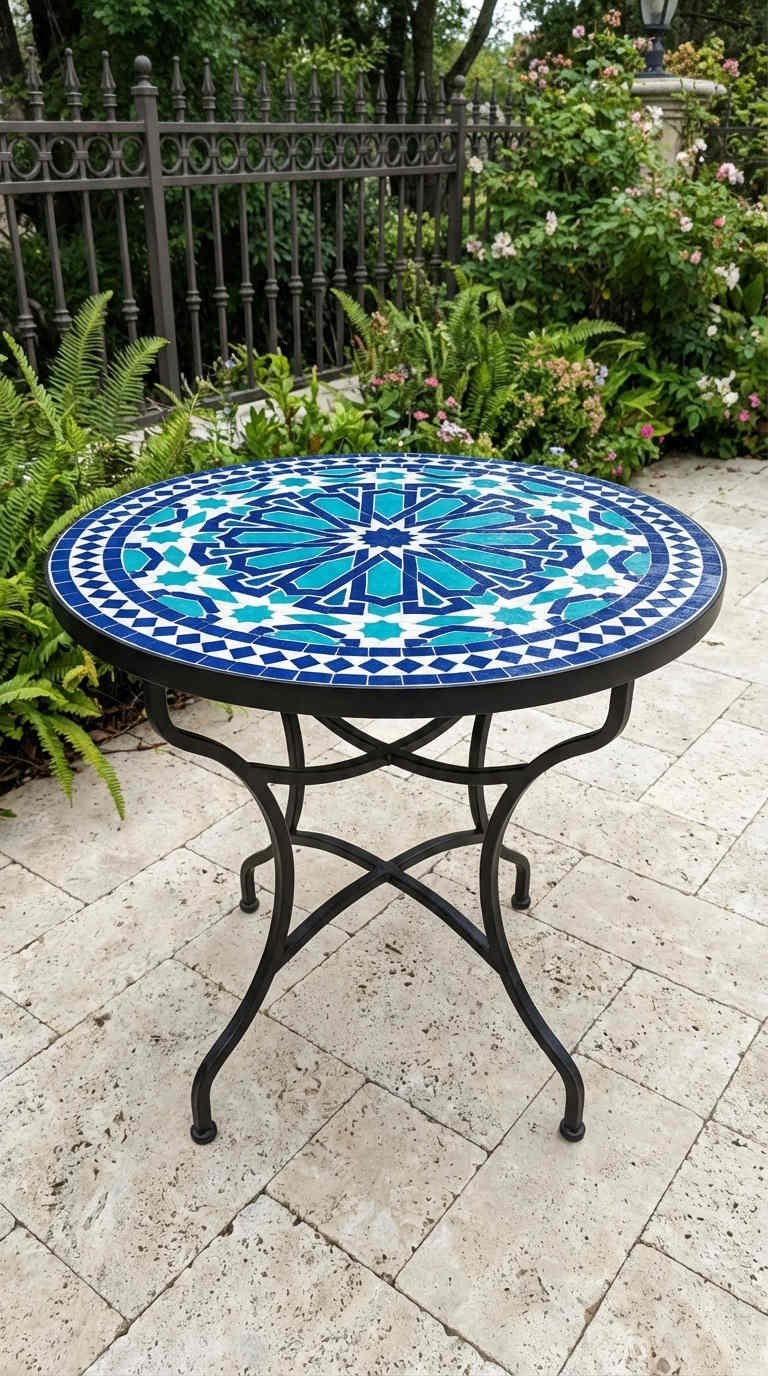 table mosaique bleu etoile pierre rosiers