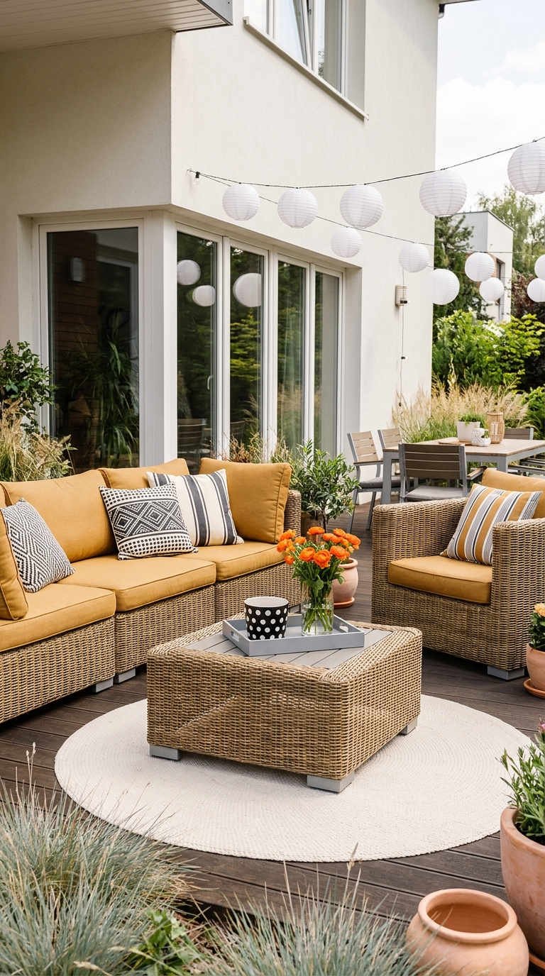 terrasse familiale rotin guirlandes blanches