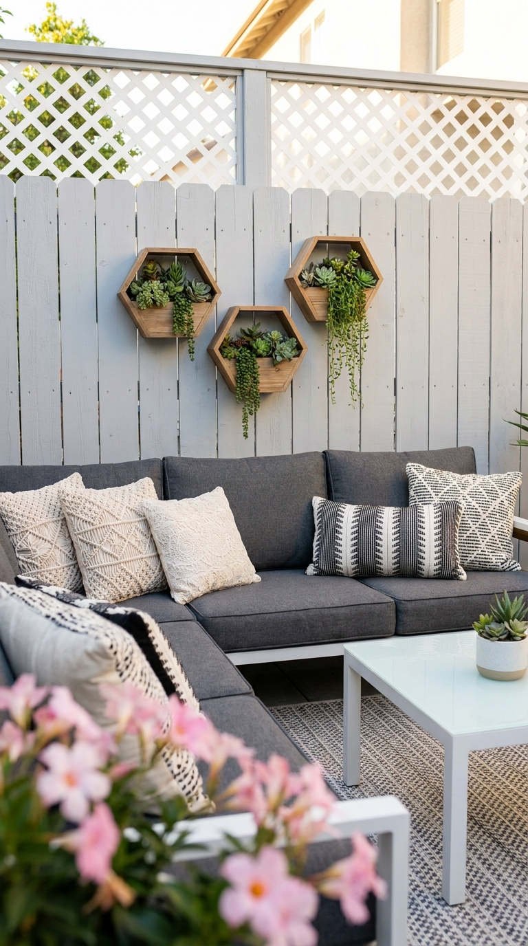 terrasse grise cloture blanche jardinieres