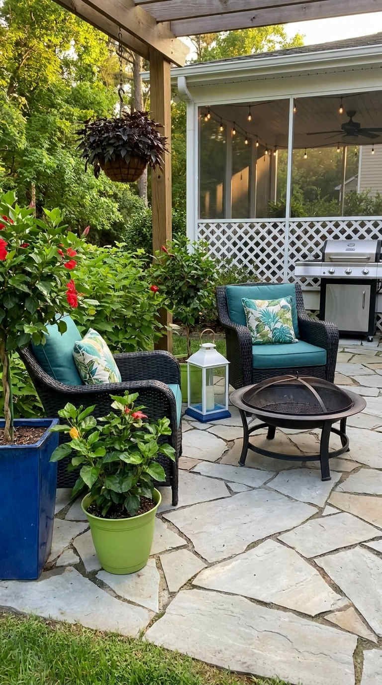 terrasse pergola plantes fauteuils feu