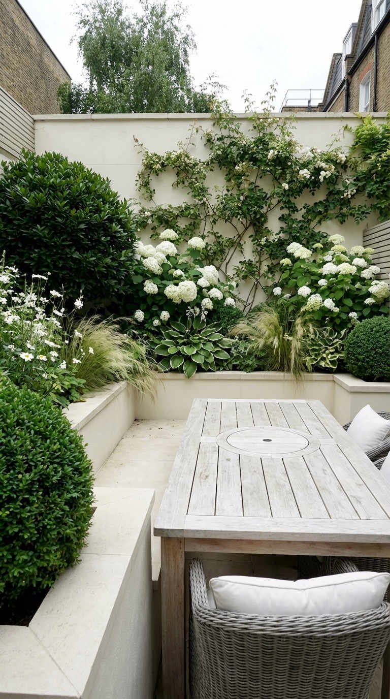 terrasse pierre hortensias blancs roses grimpantes