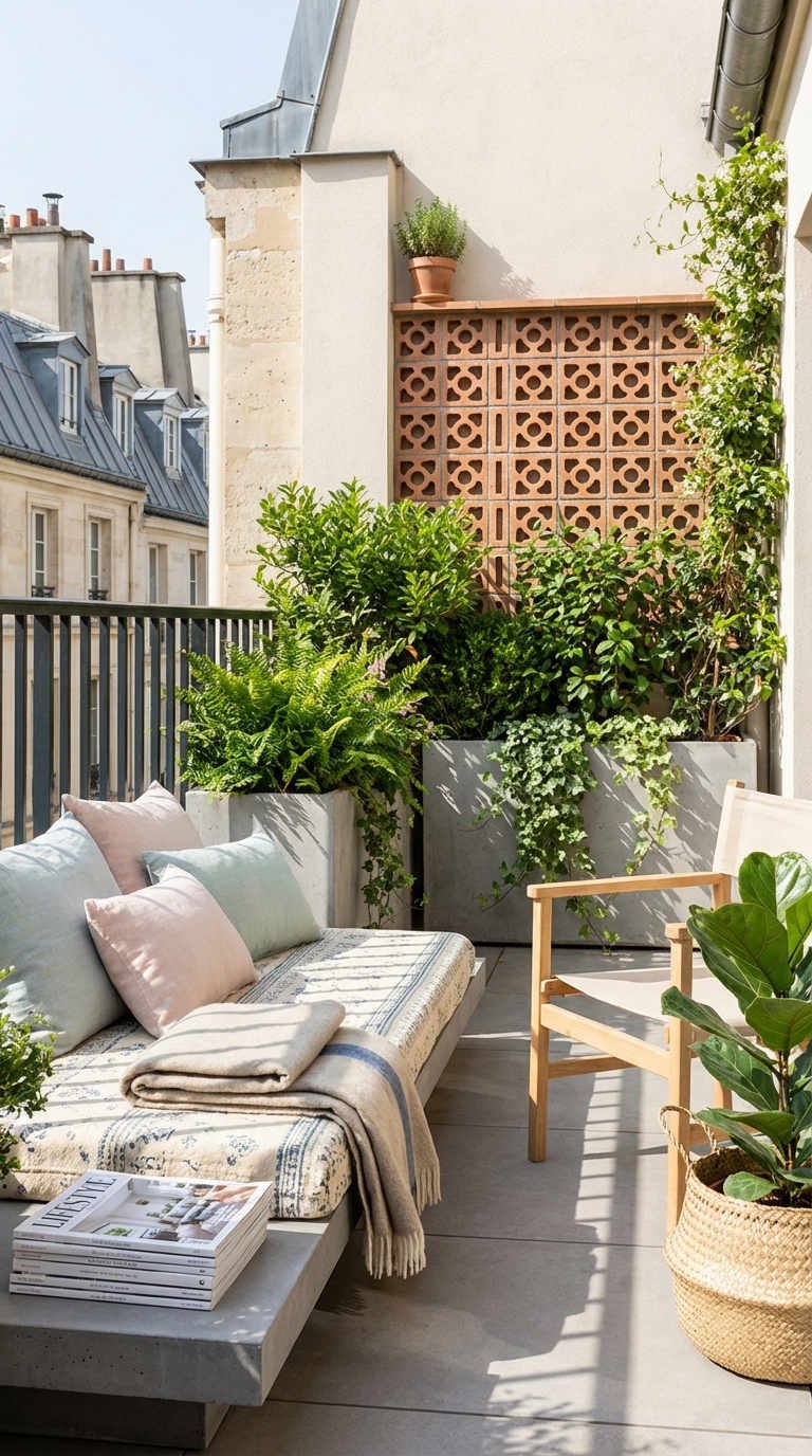 balcon banquette beton coussins pastel claustra terracotta