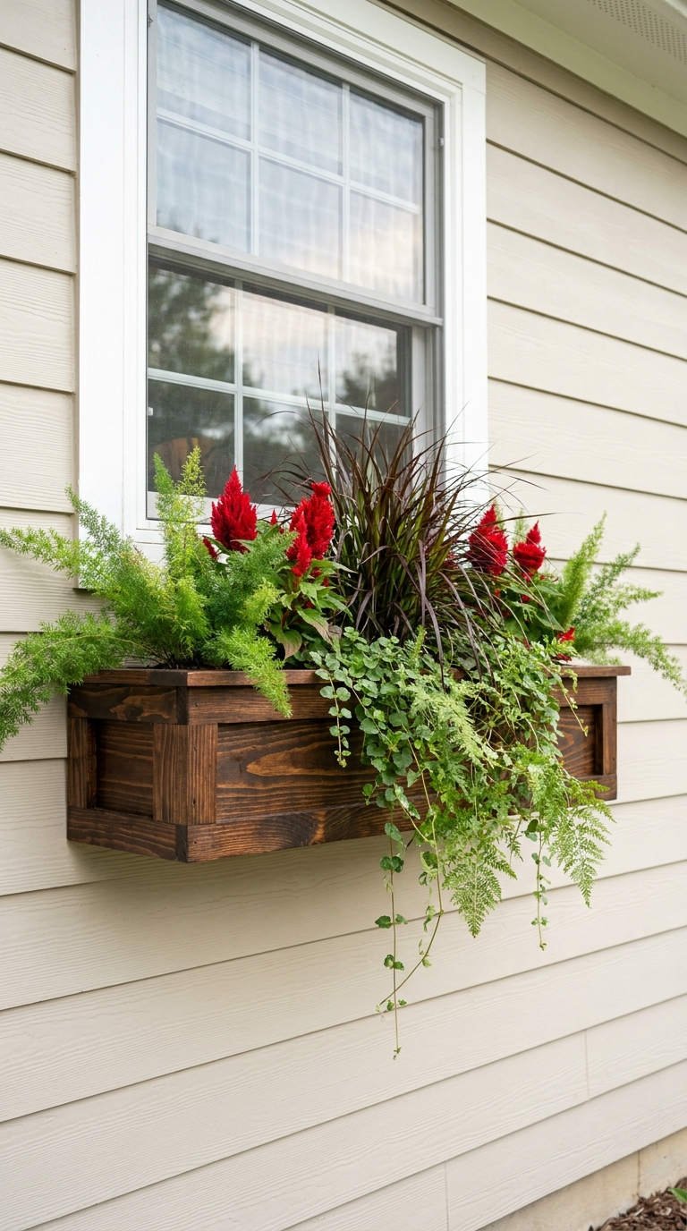 jardiniere bois fougeres rouges