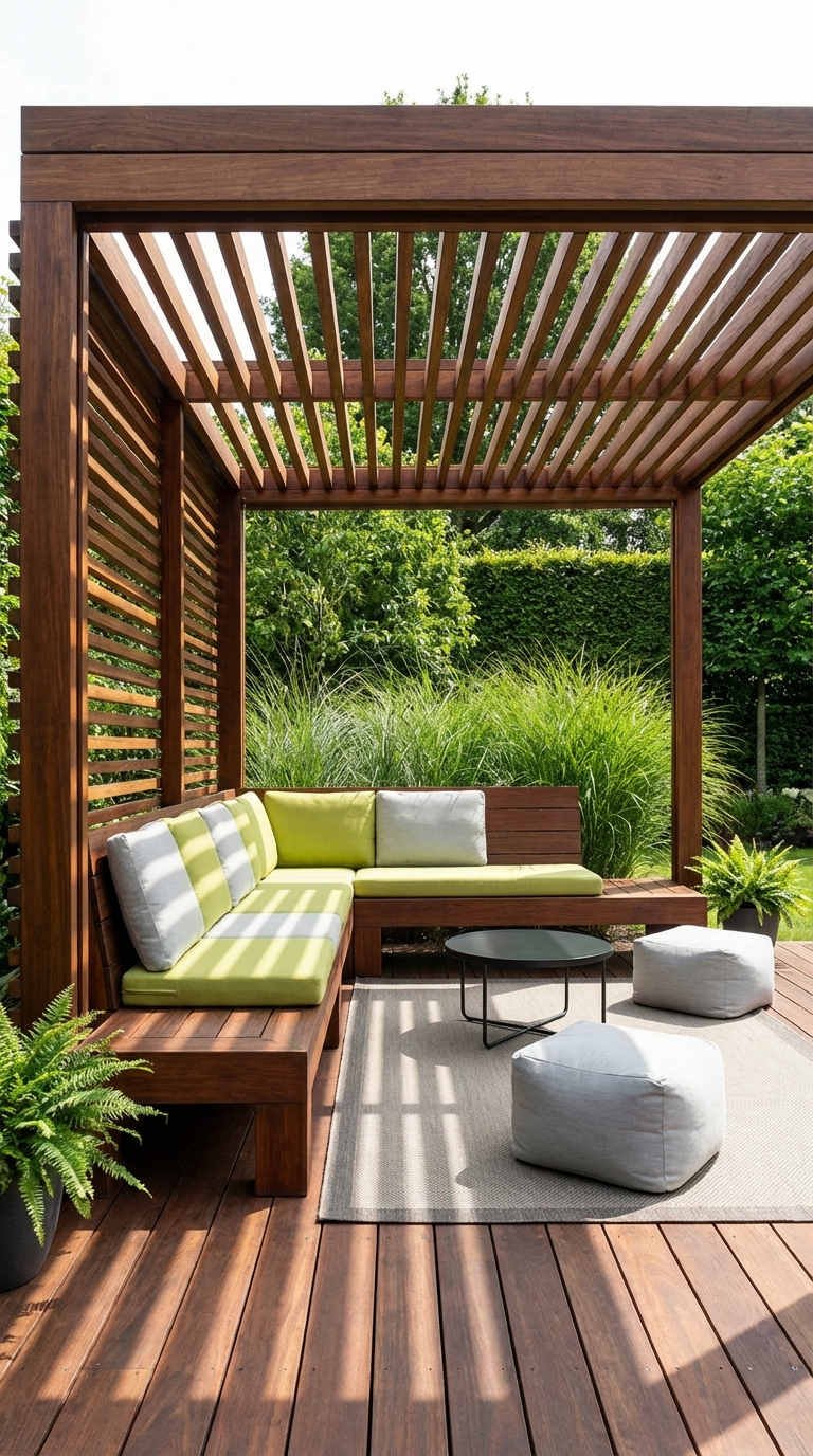 pergola banquette coussins verts jardin