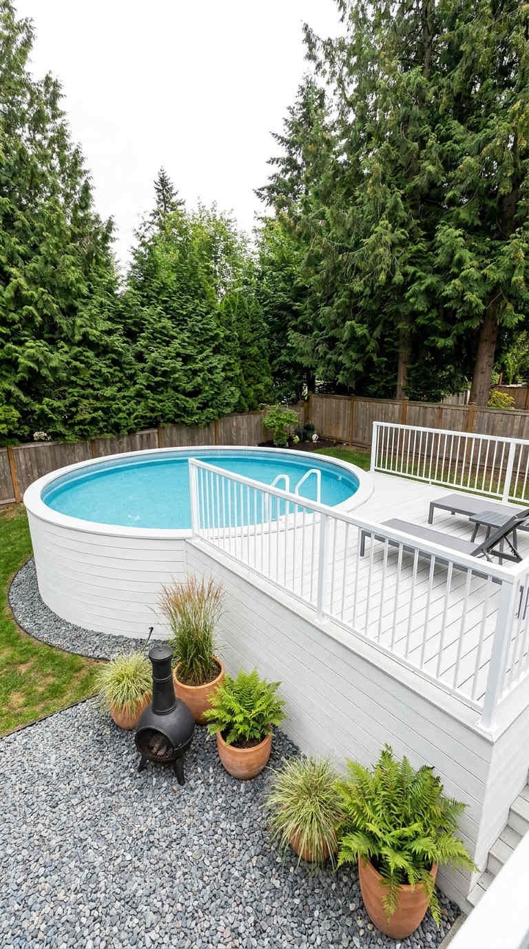 piscine blanche terrasse coniferes