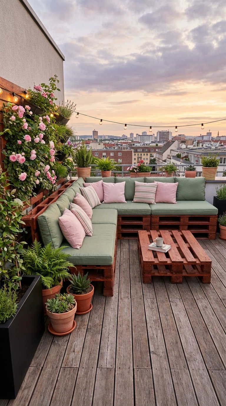 rooftop palette vert sauge rose guirlandes