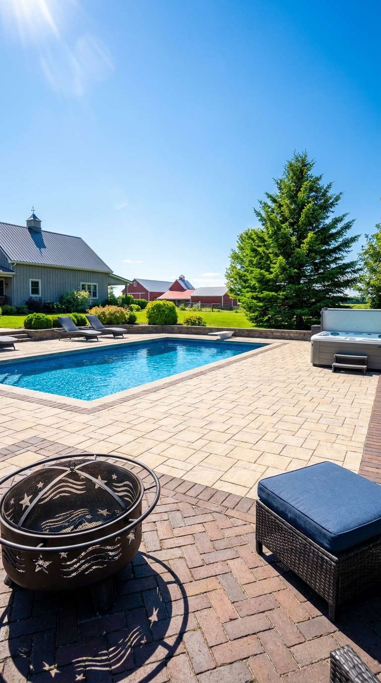 terrasse campagne piscine pavage clair