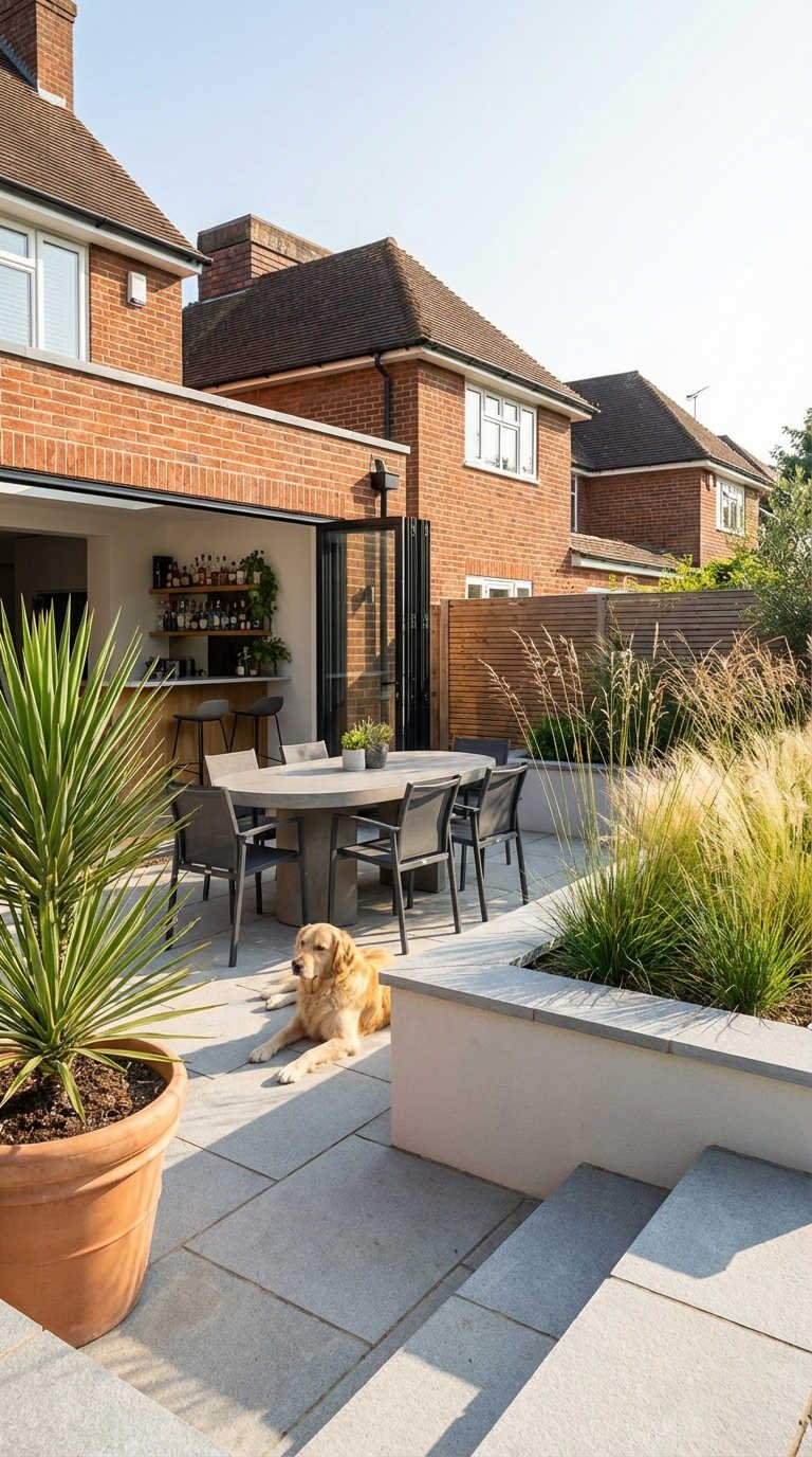 terrasse table beton baies vitrees