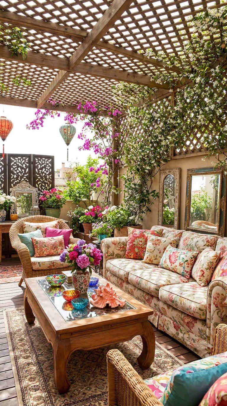 veranda fleurie treillage canape imprime