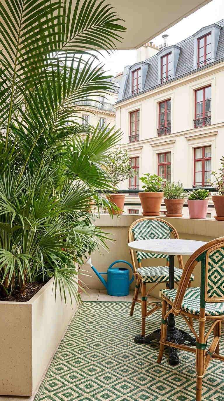 balcon parisien palmiers chaises bistrot tapis graphique