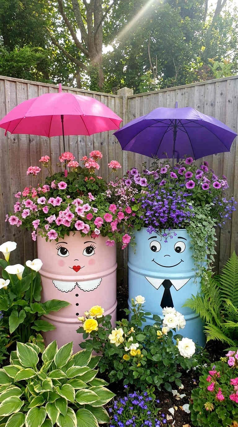 bidons personnages jardinieres parapluies