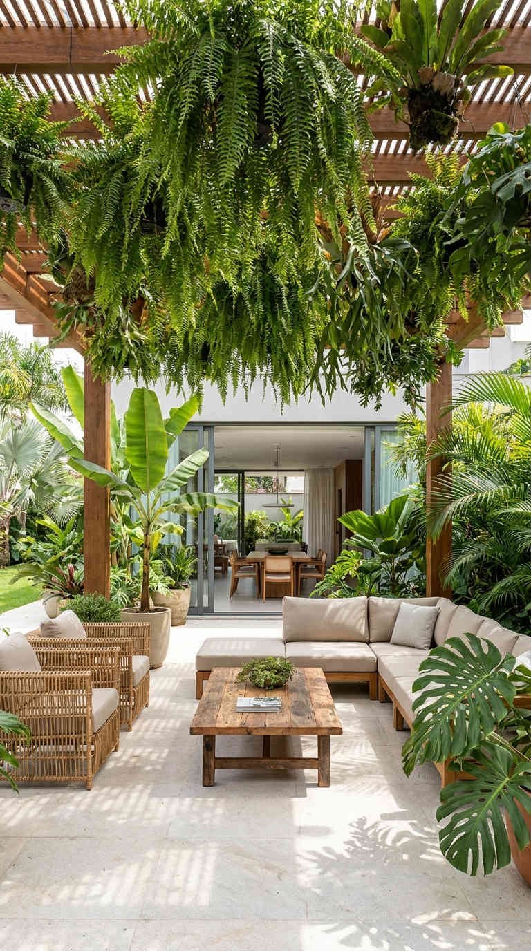 pergola plantes suspendues salon naturel