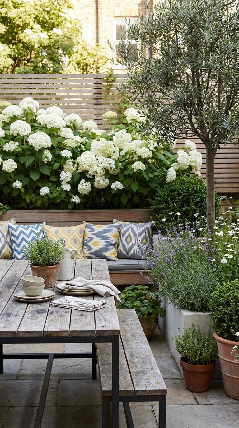 table bois olivier hortensias lavande